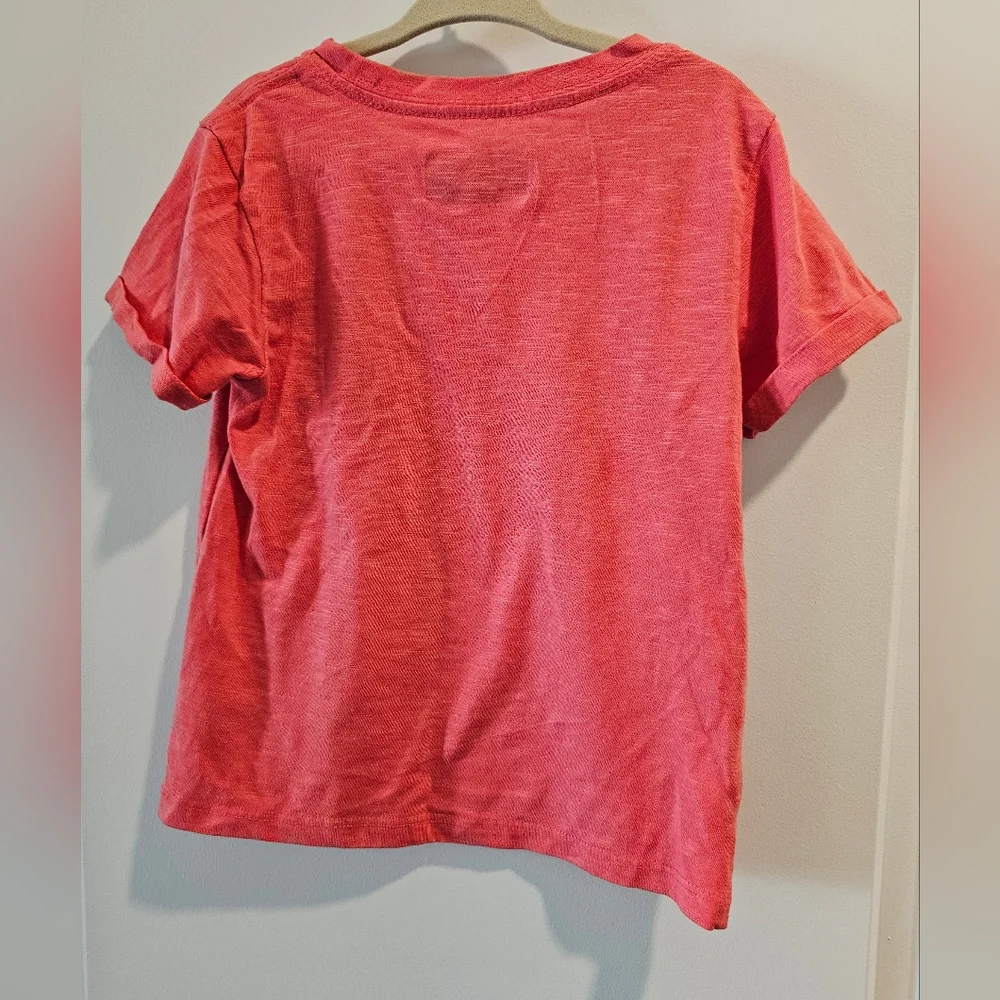 xs 5/6 Eddie Bauer orange red tshirt cuffed sleeves chest pocket embroidered sun
